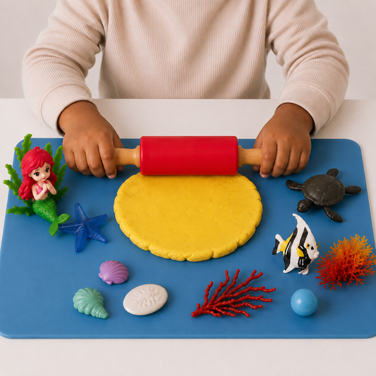 A child rolling red playdough flat with the red silicone rolling pin