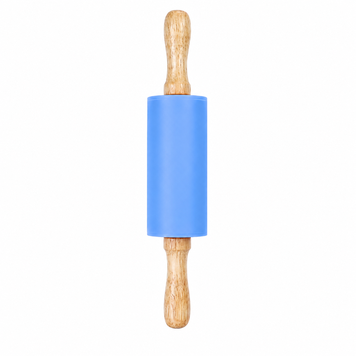 Blue silicone rolling pin with natural wood handles, on a white background