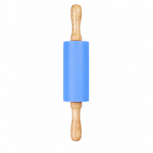 Blue silicone rolling pin with natural wood handles, on a white background