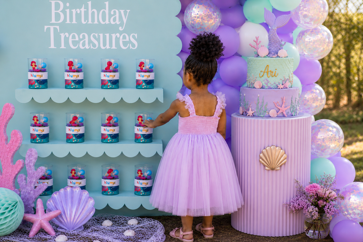 A girl reaching for a Hluma Kids Mermaid Lagoon Wonder Jar at a Birthday Treasures mermaid party display shelf, with a matching birthday cake