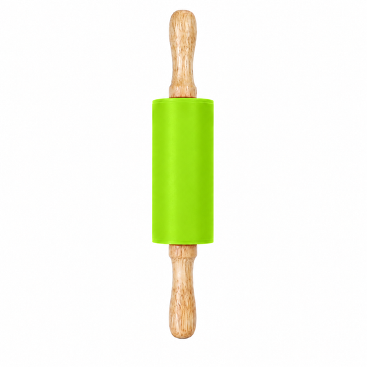 Green silicone rolling pin with natural wood handles, on a white background