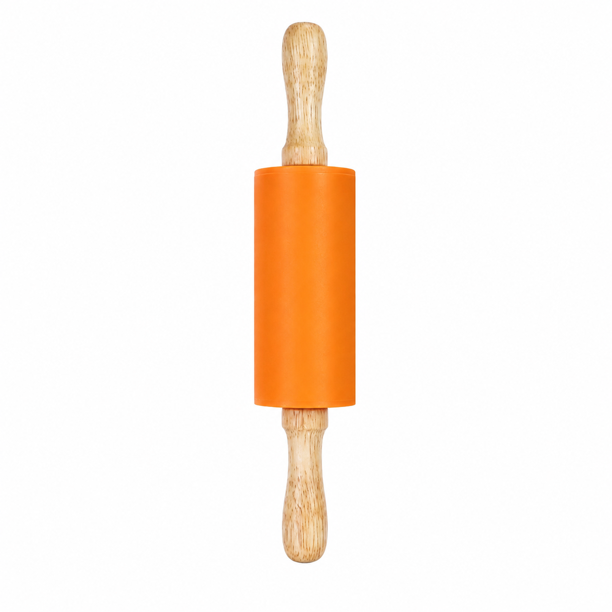 Orange silicone rolling pin with natural wood handles, on a white background