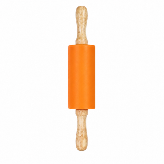 Orange silicone rolling pin with natural wood handles, on a white background