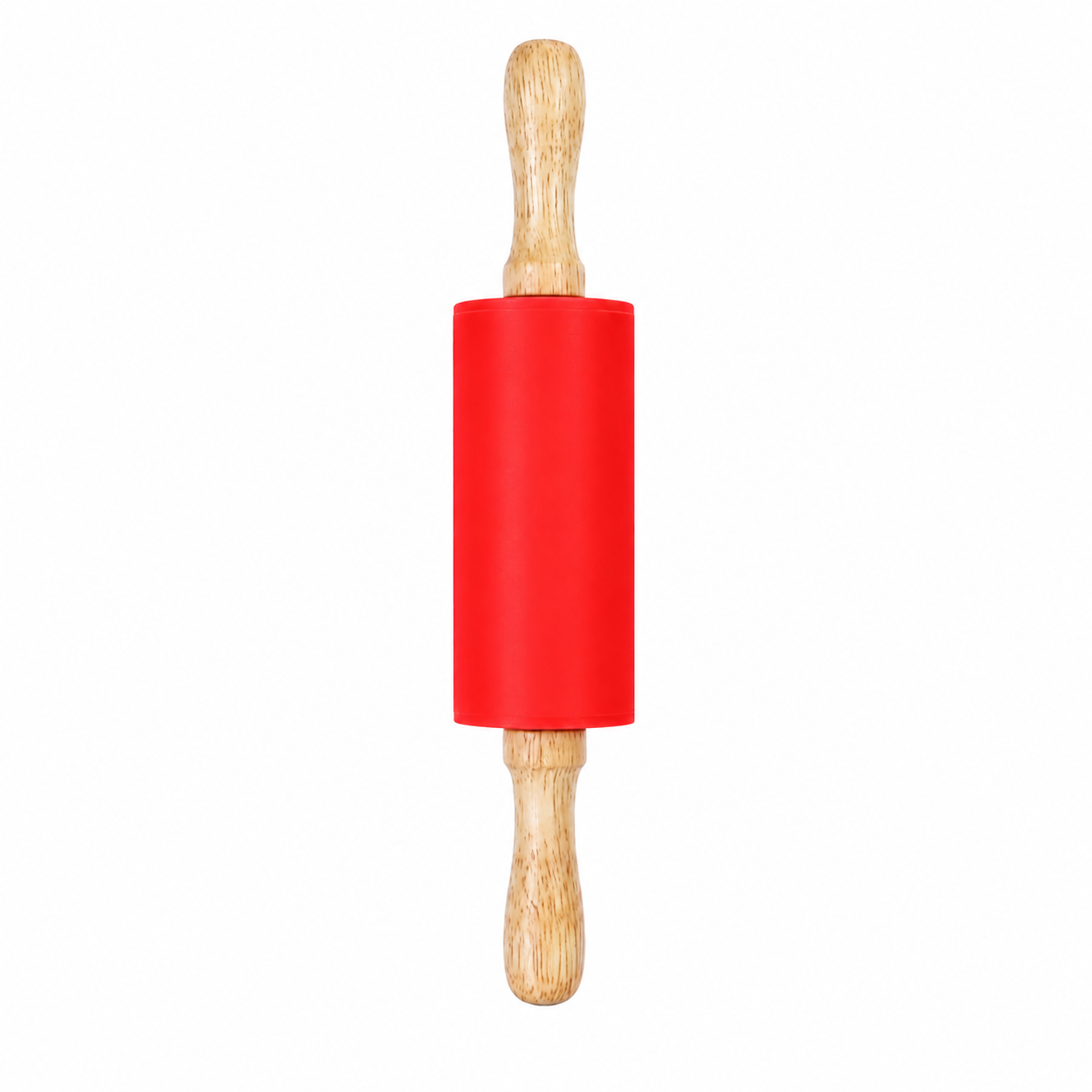 Red silicone rolling pin with natural wood handles, on a white background