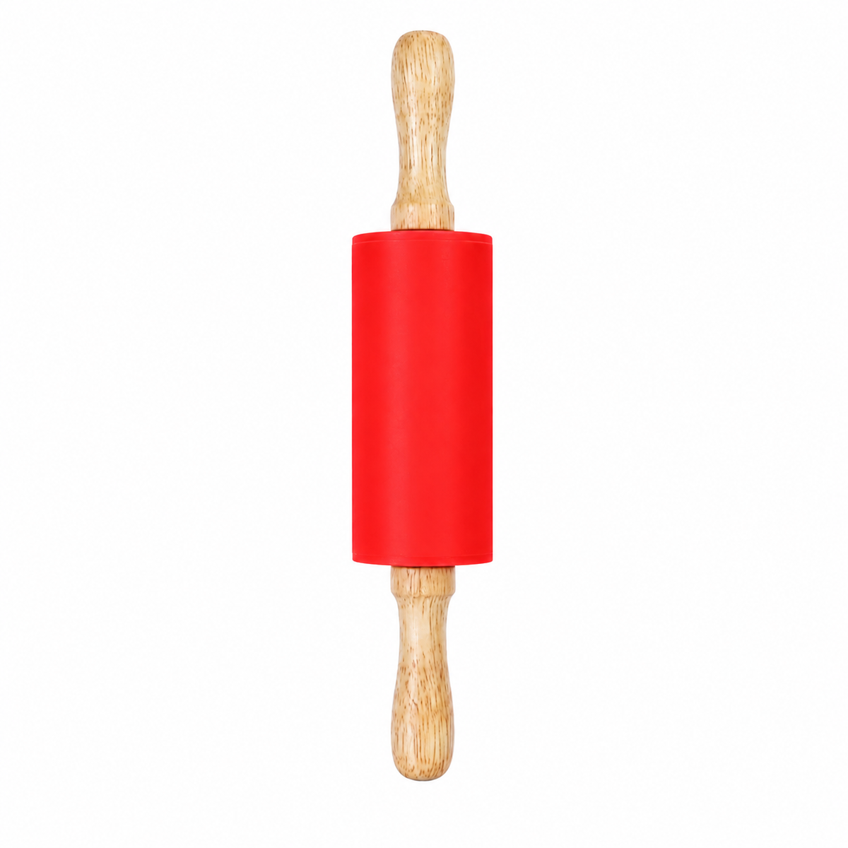 Red silicone rolling pin with natural wood handles, on a white background
