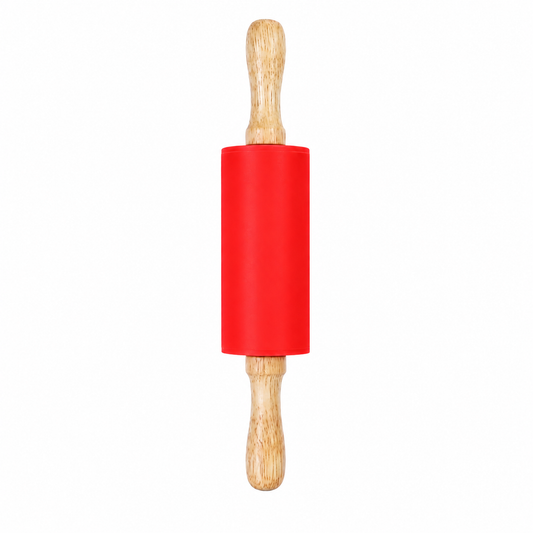 Red silicone rolling pin with natural wood handles, on a white background