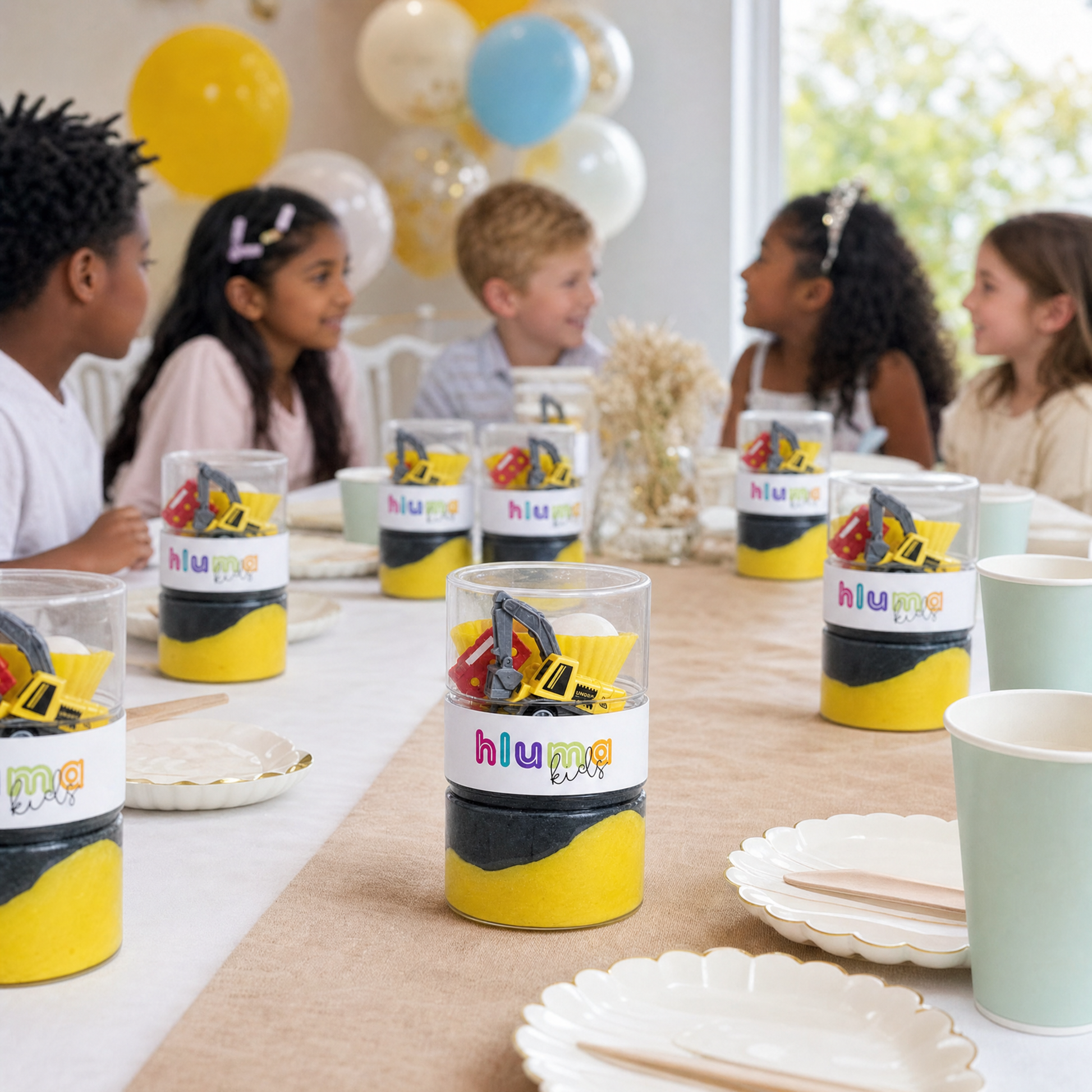 Hluma Kids Busy Builders Wonder Jar party favours on a birthday table, construction toys visible, with kids celebrating in the background
