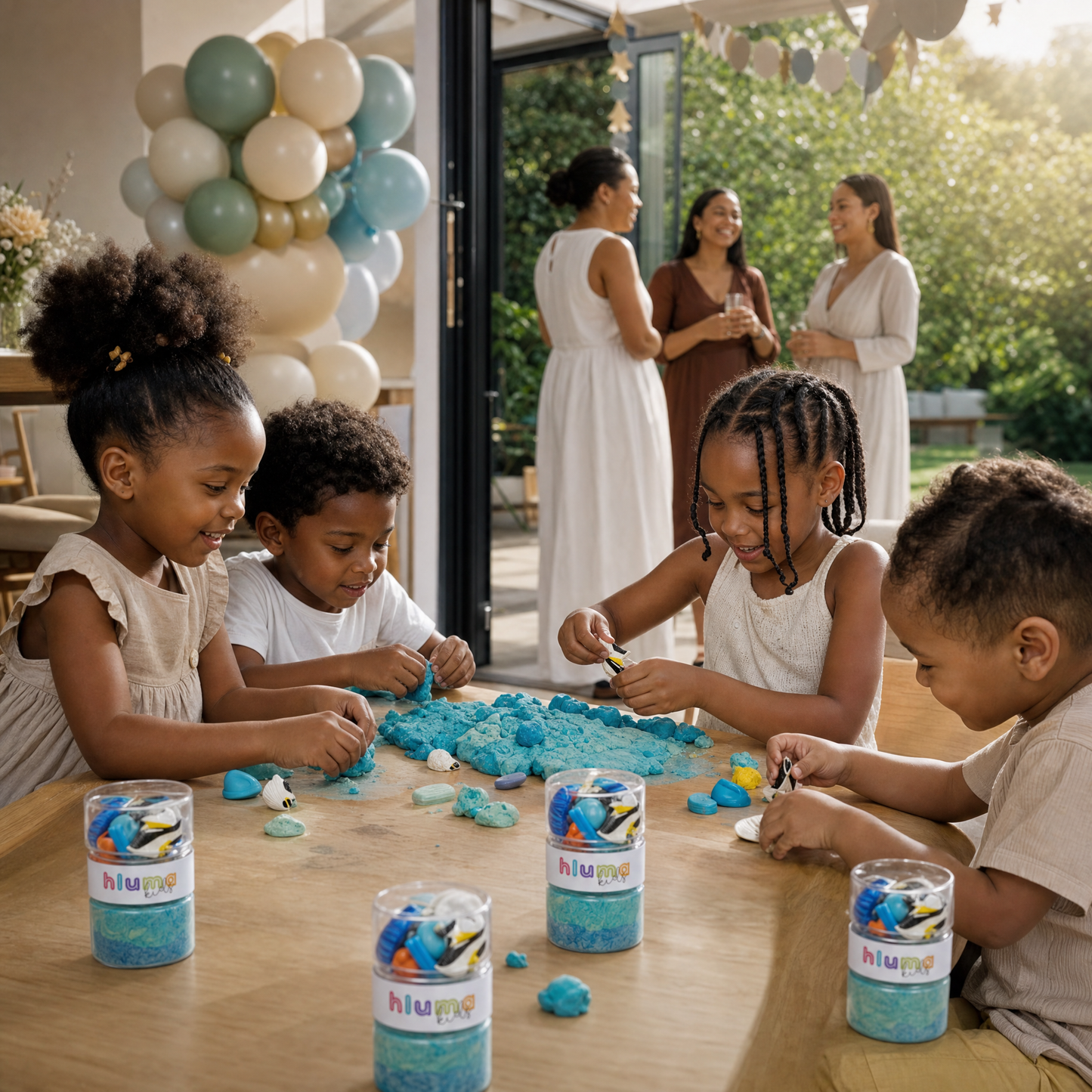 A group of children playing with teal sensory playdough from their Hluma Kids Waves and Wonders Wonder Jars at a garden party, parents chatting in the background