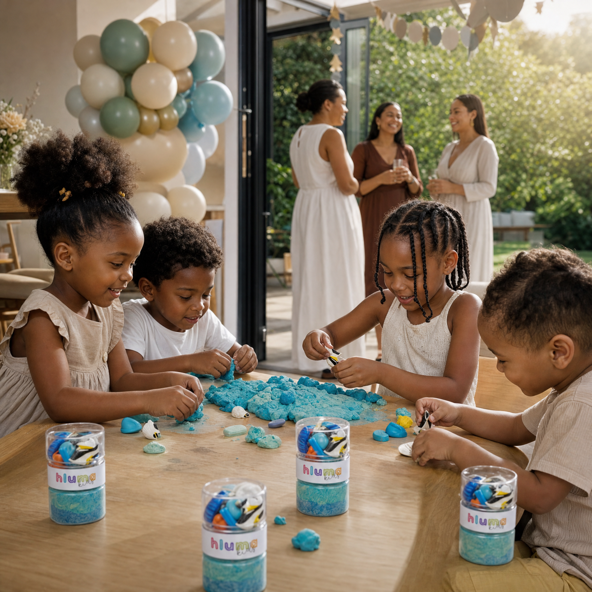 A group of children playing with teal sensory playdough from their Hluma Kids Waves and Wonders Wonder Jars at a garden party, parents chatting in the background