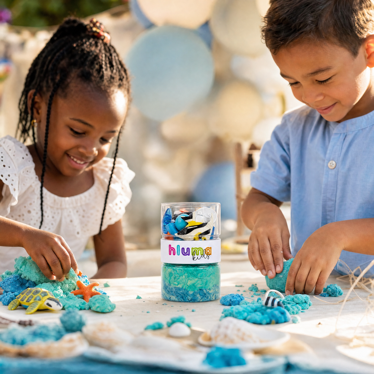 A girl and boy playing with teal sensory playdough and sea-creature figures from their Hluma Kids Waves and Wonders Wonder Jars, shells and a starfish on the table