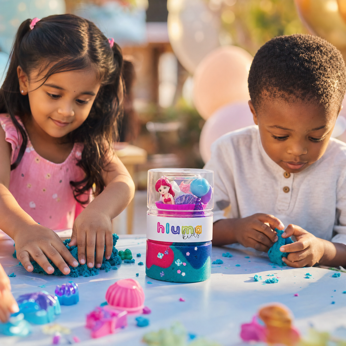 A girl and boy kneading teal sensory playdough beside a Hluma Kids Mermaid Lagoon Wonder Jar with mermaid and shell pieces, balloons in the background