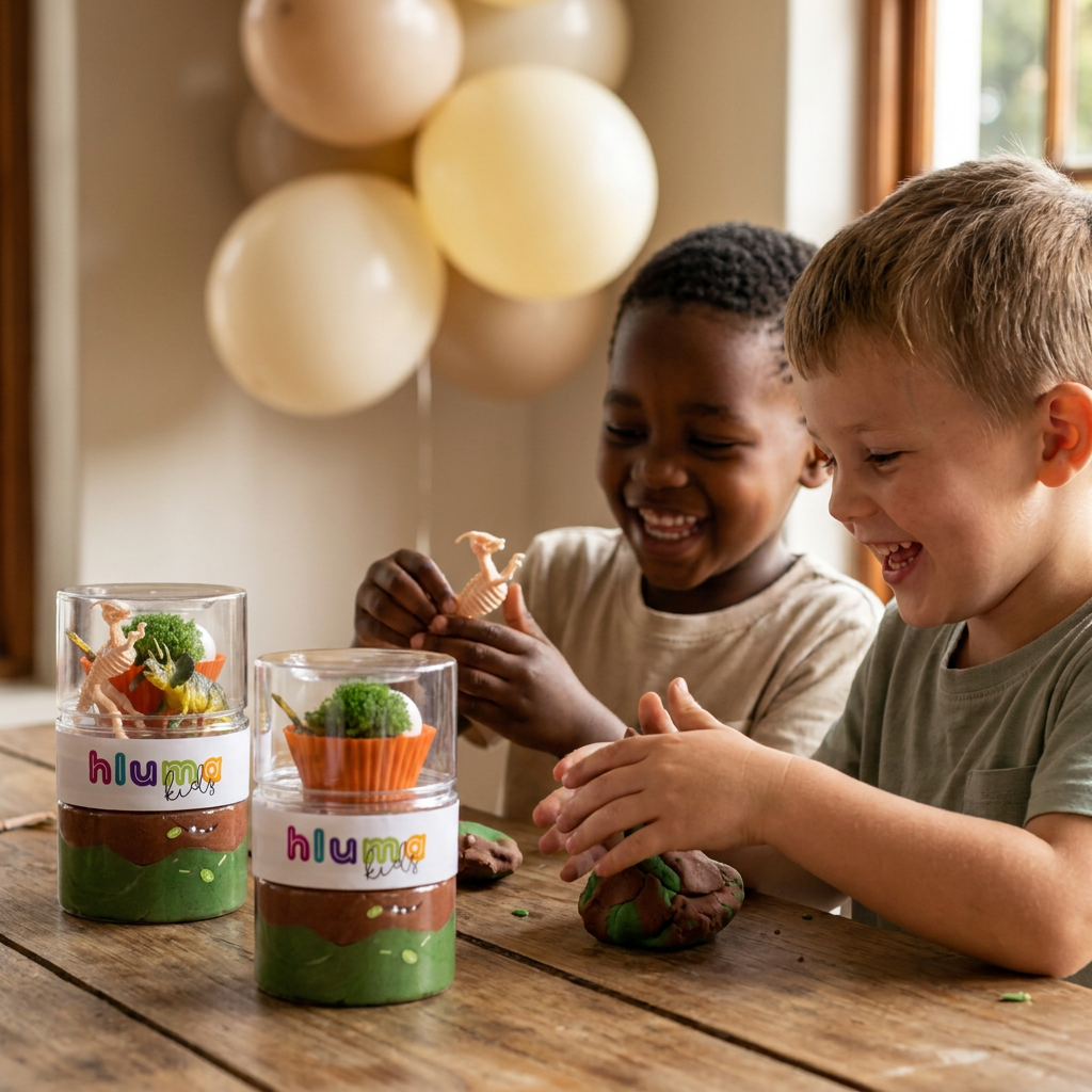 Two boys laughing while playing with dinosaur figures and green playdough from their Hluma Kids Dinosaur Discovery Wonder Jars at a birthday party