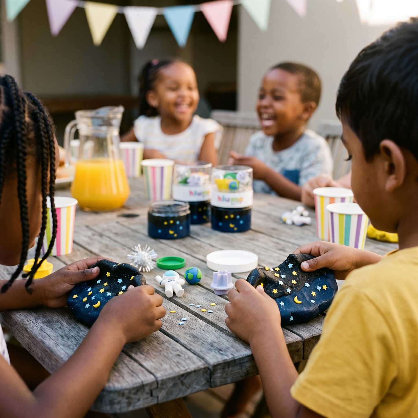 Kids playing with navy starry playdough and space figures from their Hluma Kids Cosmic Quest Wonder Jars at an outdoor party table