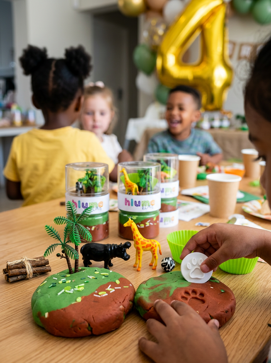 Kids at a birthday party moulding green and brown playdough with giraffe and hippo figures from their Hluma Kids Savannah Safari Wonder Jars, a gold number-4 balloon in the background