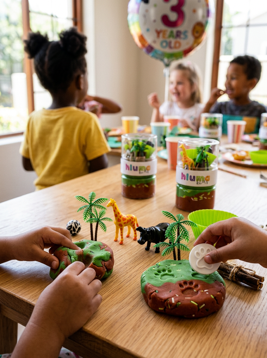 Children moulding safari-themed playdough with giraffe and hippo figures from Hluma Kids Savannah Safari Wonder Jars at a 3rd birthday party