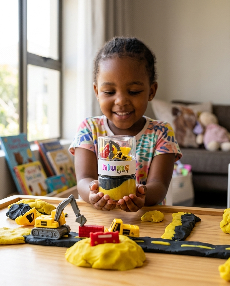 Hluma Busy Builders Wonder Jar -- child playing, screen-free activity (Higgsfield AI, product-locked reference, approved by Phil 2026-08-08)