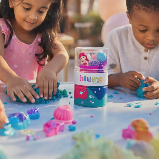 Hluma Kids Mermaid Lagoon Wonder Jar product video, kids playing with mermaid figure and teal playdough