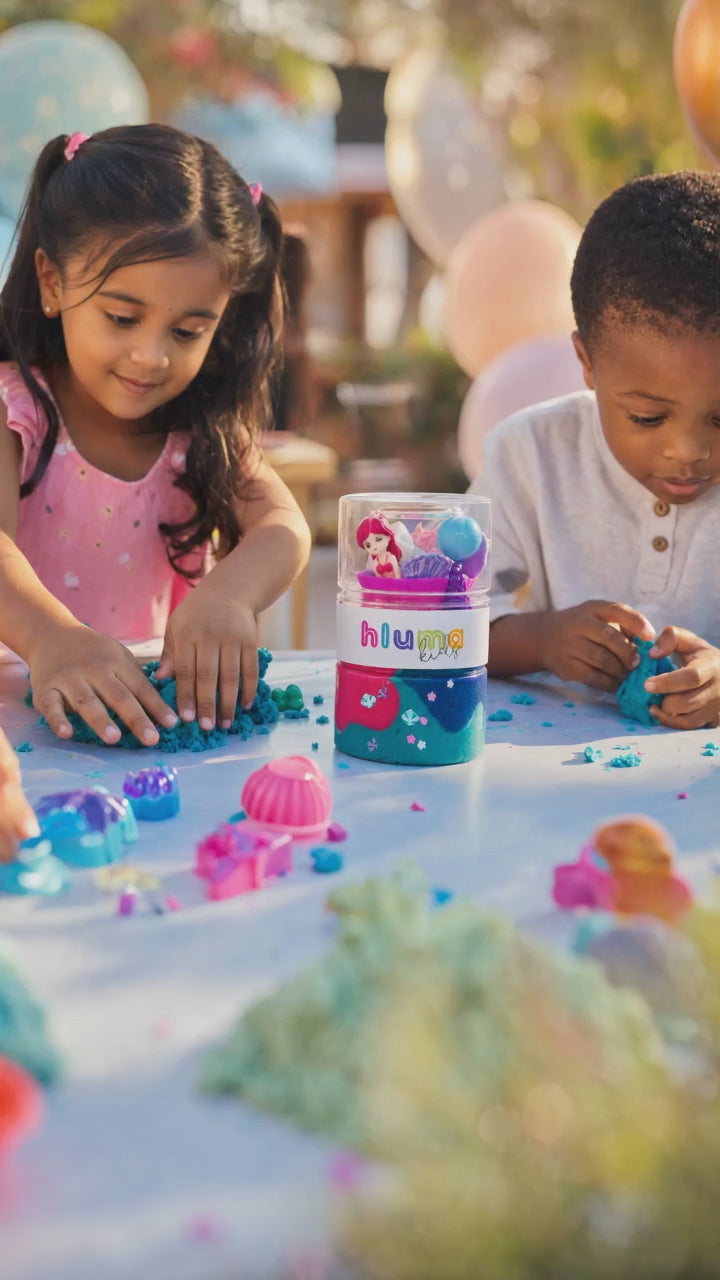Hluma Kids Mermaid Lagoon Wonder Jar product video, kids playing with mermaid figure and teal playdough