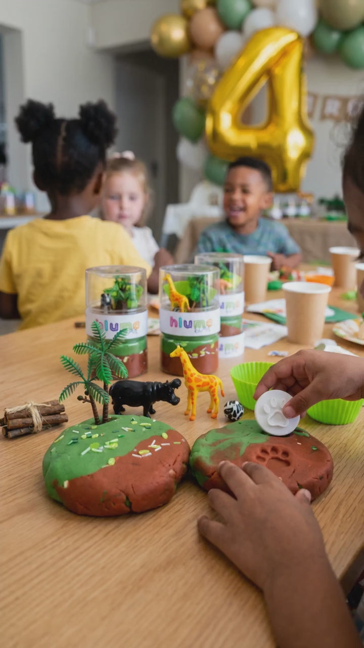 Hluma Kids Savannah Safari Wonder Jar product video, kids playing with giraffe and hippo figures and playdough
