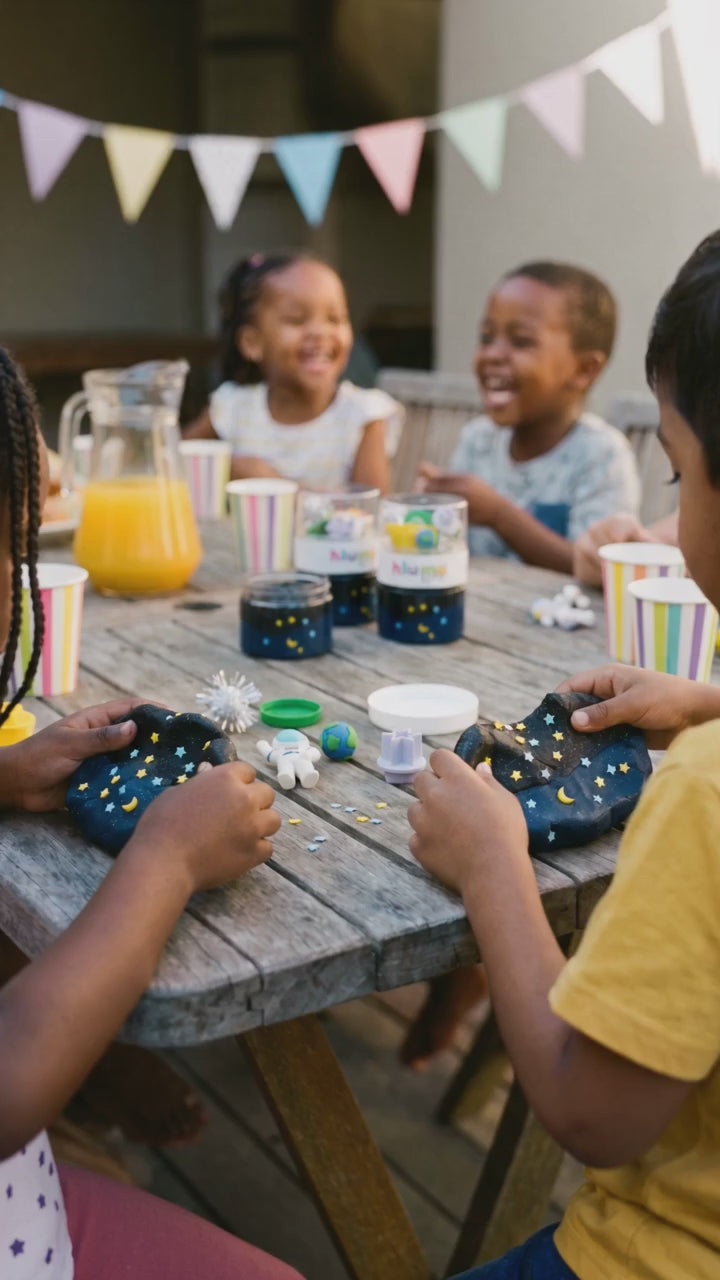 Hluma Kids Cosmic Quest Wonder Jar product video, kids playing with space figures and playdough